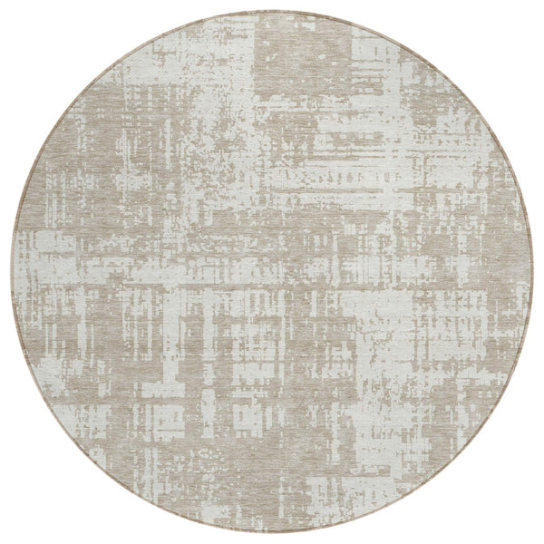 HomeRoots 5' Abstract Taupe and Ivory Washable Area Rug for Indoor Outdoor Use - Durable, Stylish Design 8' Round 593236
