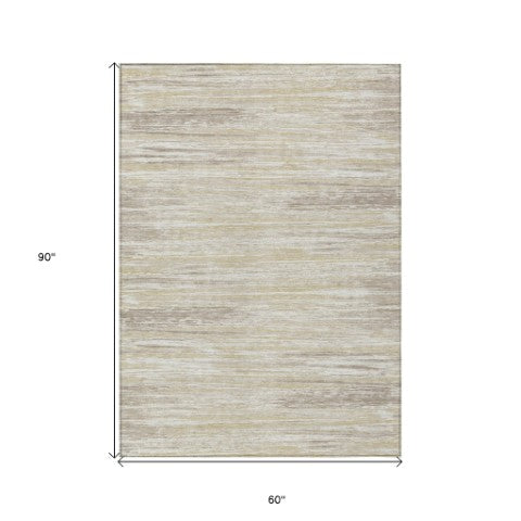 Homeroots 3' Beige Brown Ivory Striped Washable Area Rug - Durable Indoor Outdoor Accent For Any Space 5' X 8' Polyester 593241
