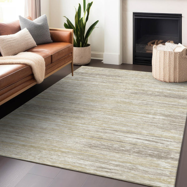 Homeroots 3' Beige Brown Ivory Striped Washable Area Rug - Durable Indoor Outdoor Accent For Any Space 5' X 8' Polyester 593241
