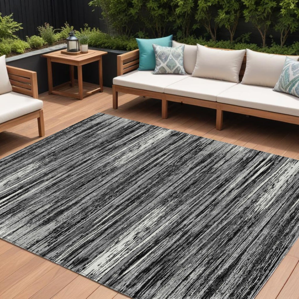 HomeRoots 5' Classic Black and Ivory Striped Indoor Outdoor Area Rug for Timeless Style and Easy Maintenance 10' X 14' 593251