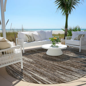 Homeroots 3' Beige Brown Ivory Striped Washable Area Rug - Durable Indoor Outdoor Accent For Any Space 8' Round Polyester 593254