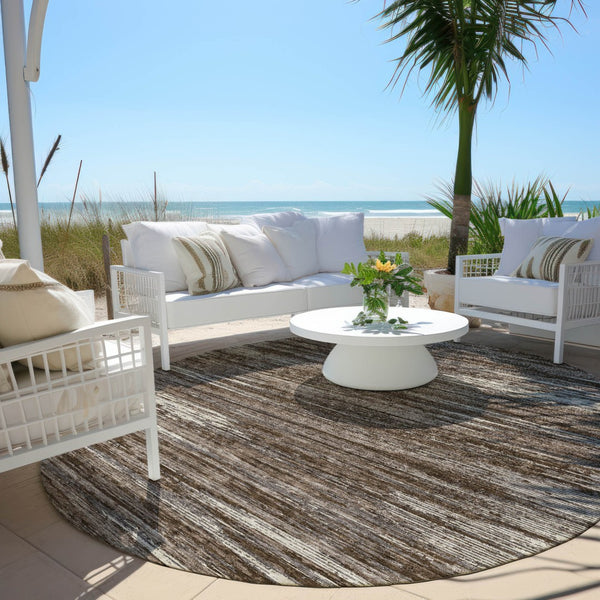 Homeroots 3' Beige Brown Ivory Striped Washable Area Rug - Durable Indoor Outdoor Accent For Any Space 8' Round Polyester 593254