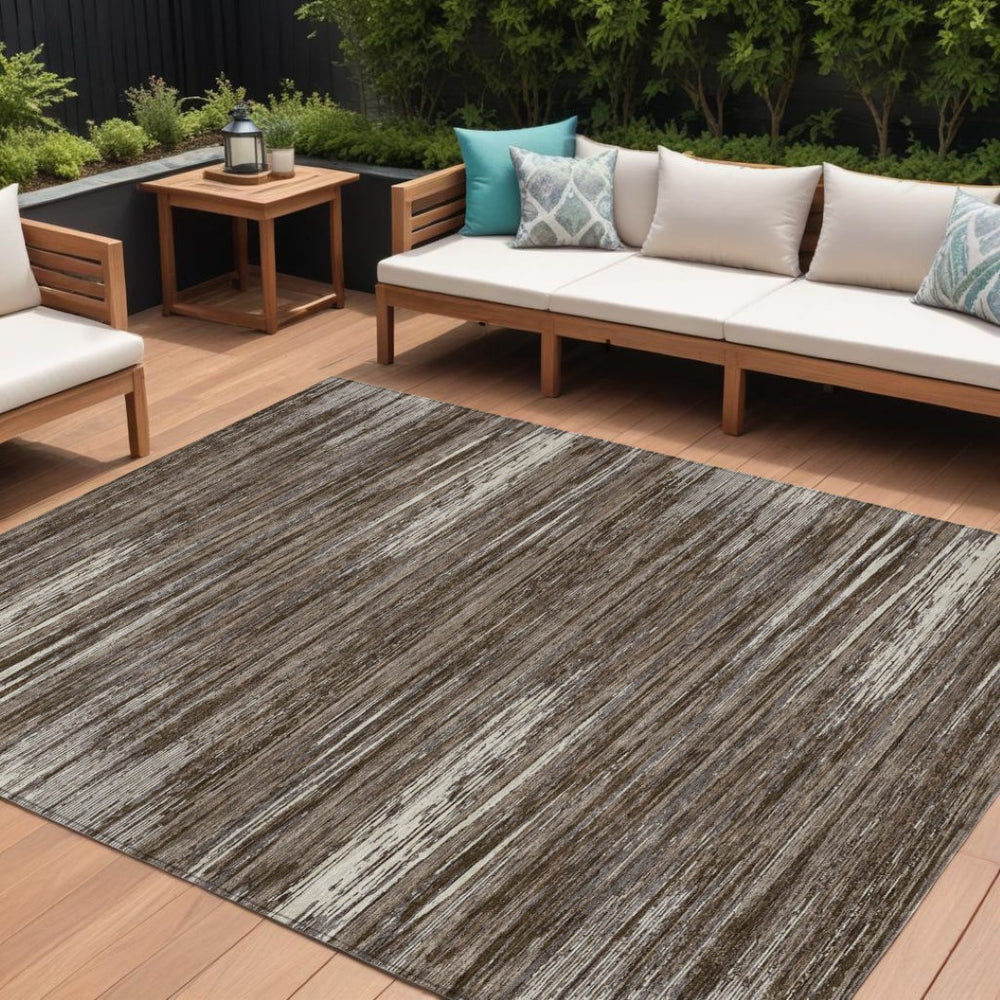 HomeRoots 5' Durable Brown and Ivory Striped Indoor Outdoor Area Rug – Stylish, Washable, and Easy to Clean 8' X 10' 593255