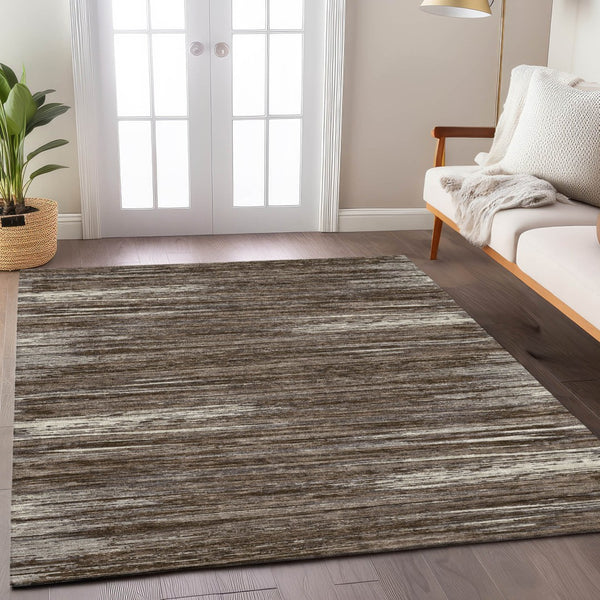Homeroots 3' Beige Brown Ivory Striped Washable Area Rug - Durable Indoor Outdoor Accent For Any Space 9' X 12' Polyester 593256