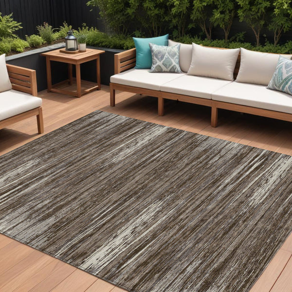 Homeroots 3' Beige Brown Ivory Striped Washable Area Rug - Durable Indoor Outdoor Accent For Any Space 10' X 14' Polyester 593257