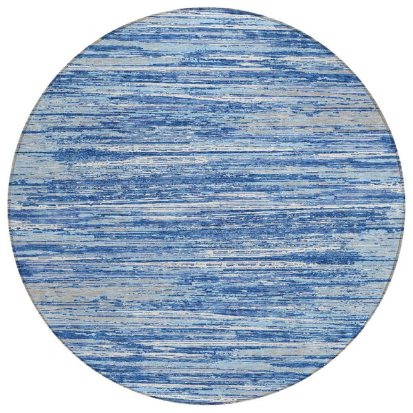 HomeRoots 5' Blue Gray and Ivory Striped Indoor Outdoor Area Rug – Durable, Soft, and Washable for Any Space 8' Round 593260