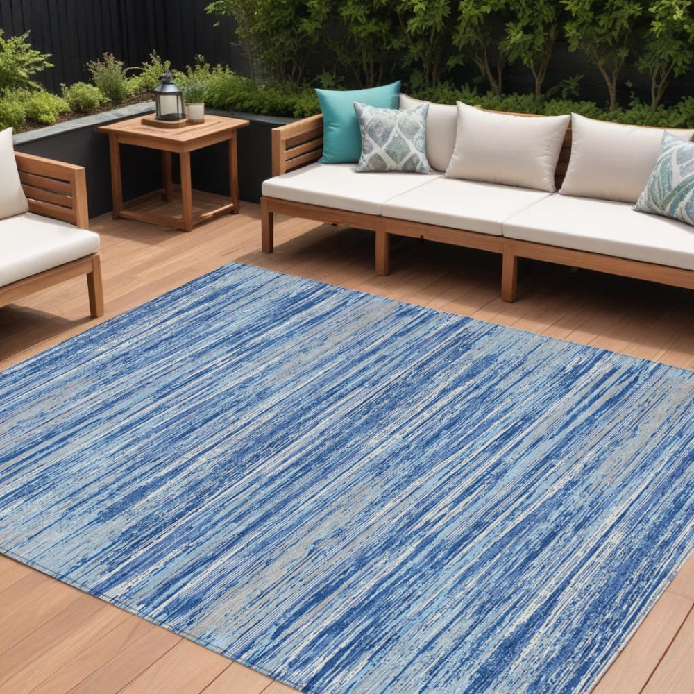 HomeRoots 5' Blue Gray and Ivory Striped Indoor Outdoor Area Rug – Durable, Soft, and Washable for Any Space 10' X 14' 593263