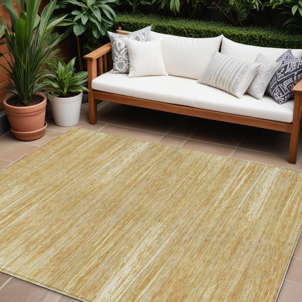 Homeroots 3' Beige Brown Ivory Striped Washable Area Rug - Durable Indoor Outdoor Accent For Any Space 10' X 14' Polyester 593275