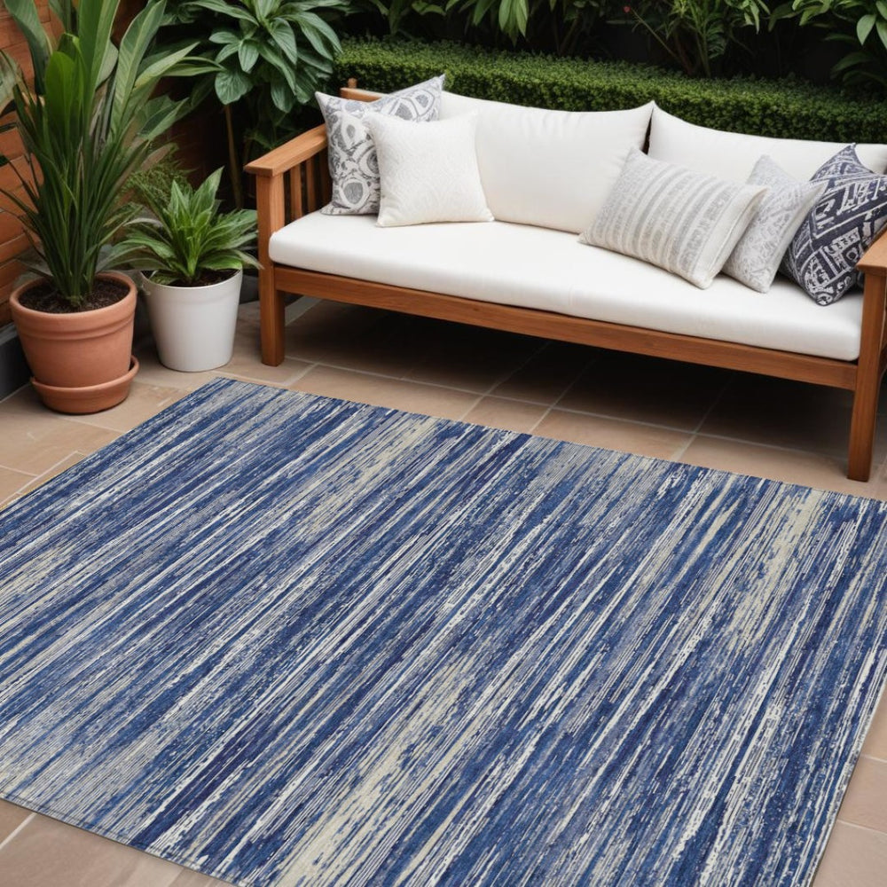 HomeRoots 9' Navy Blue and Ivory Striped Area Rug - Durable, Washable, Ideal for Indoor and Outdoor Spaces 9' X 12' 593292