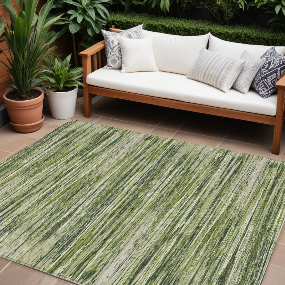 HomeRoots 5' Olive Green and Ivory Striped Area Rug - Durable, Washable, Stylish for Indoor and Outdoor Use 10' X 14' 593299