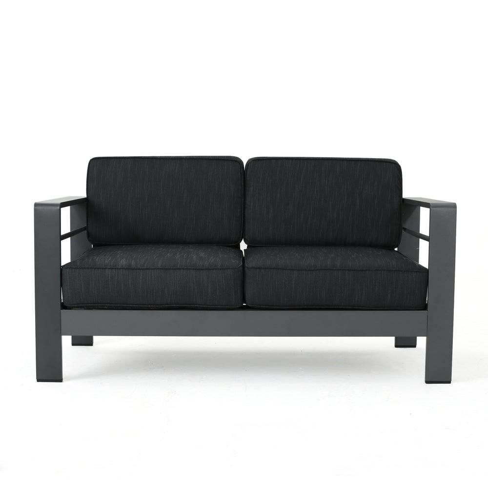 English Elm Christopher Knight Home® - CAPE Coastal Aluminum Outdoor 4-Piece Chat Set with Tempered Glass Table, Ergonomic Comfort and Space-Saving Style Gray CAPECORAL4PCSG