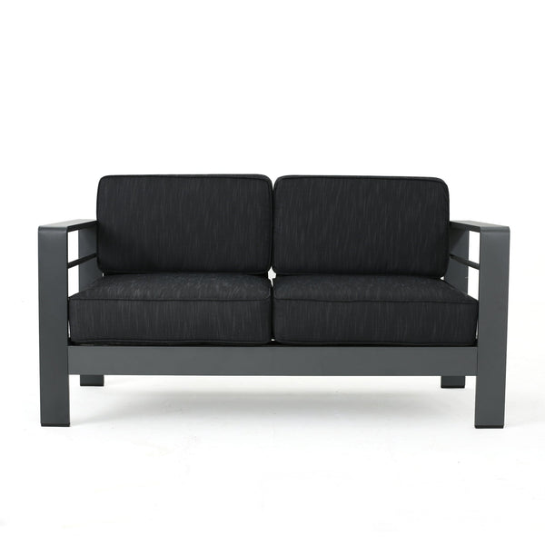 English Elm Christopher Knight Home® - CAPE Coastal Aluminum Outdoor 4-Piece Chat Set with Tempered Glass Table, Ergonomic Comfort and Space-Saving Style Gray CAPECORAL4PCSG