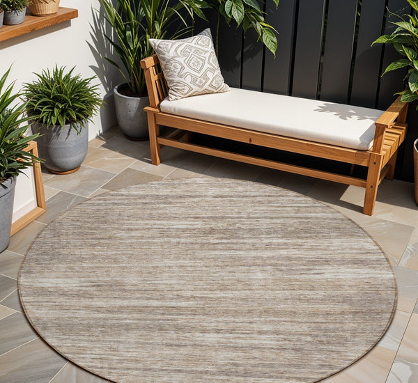 Homeroots 3' Beige Brown Ivory Striped Washable Area Rug - Durable Indoor Outdoor Accent For Any Space 8' Round Polyester 593308
