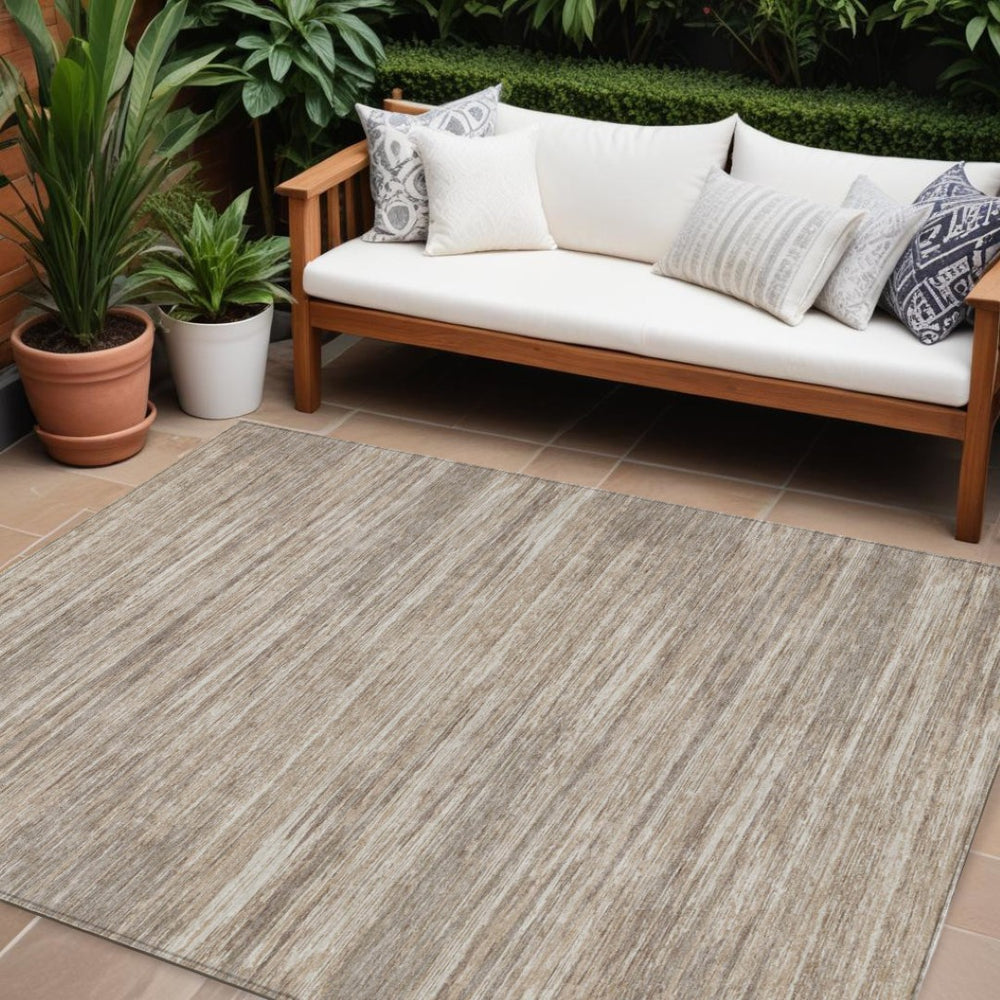 HomeRoots 5' Stylish Taupe Gray and Ivory Striped Area Rug - Durable, Washable, Ideal for Indoor & Outdoor Use 10' X 14' 593311