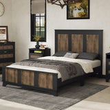 Farmhouse Wooden Full Size Platform Bed with Modern Strip Decoration, Plywood Slats, Black