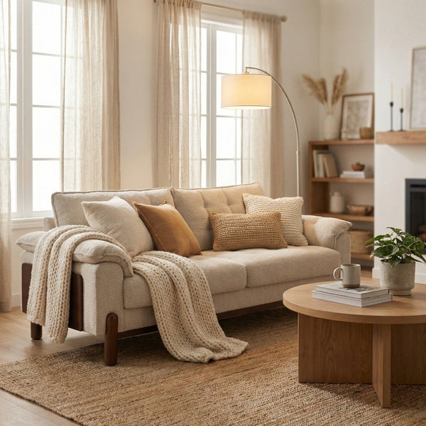 English Elm 83.5 In. Three Seat Boucle Sofa with Looped Texture and Lumbar Support for Living Rooms Beige N773IS00096B
