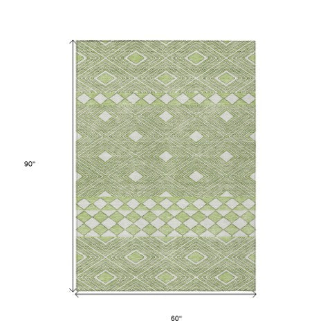 Homeroots 3' Artichoke Green Geometric Indoor Outdoor Area Rug - Durable, Washable, Stylish For Any Space 5' X 8' Polyester 593403