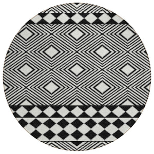 HomeRoots 5' Black and Ivory Geometric Indoor-Outdoor Area Rug – Stylish, Washable, and Durable for High Traffic Areas 8' Round 593410