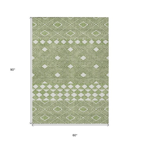 Homeroots 3' Artichoke Green Geometric Indoor Outdoor Area Rug - Durable, Washable, Stylish For Any Space 5' X 8' Polyester 593421