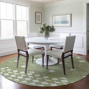 Homeroots 3' Artichoke Green Geometric Indoor Outdoor Area Rug - Durable, Washable, Stylish For Any Space 8' Round Polyester 593422