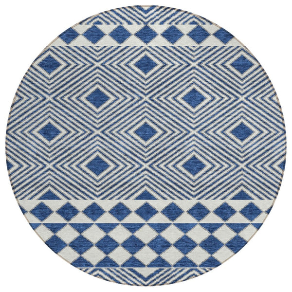 HomeRoots 5' Stylish Navy Blue and Ivory Geometric Area Rug - Washable, Durable for Indoor & Outdoor Spaces 8' Round 593446