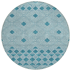 HomeRoots 5' Teal Blue Aqua Geometric Area Rug - Durable, Washable, Indoor/Outdoor for Stylish Living Spaces 8' Round 593458