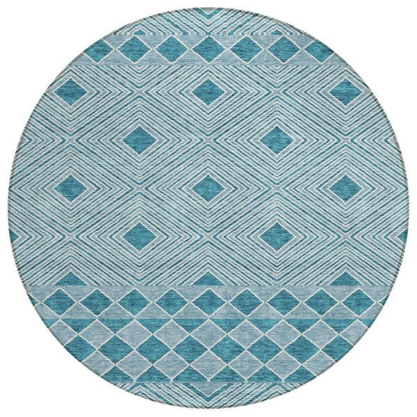 HomeRoots 5' Teal Blue Aqua Geometric Area Rug - Durable, Washable, Indoor/Outdoor for Stylish Living Spaces 8' Round 593458