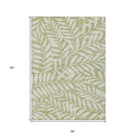 Homeroots 3' Artichoke Green And Ivory Floral Washable Area Rug For Indoor And Outdoor Spaces, Durable Design 3' X 5' Polyester 593468