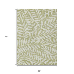 Homeroots 3' Artichoke Green And Ivory Floral Washable Area Rug For Indoor And Outdoor Spaces, Durable Design 5' X 8' Polyester 593469