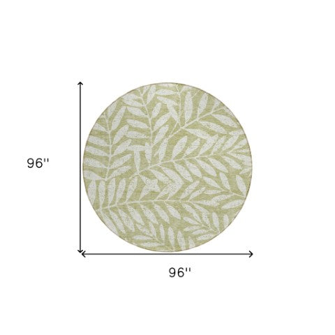 Homeroots 3' Artichoke Green And Ivory Floral Washable Area Rug For Indoor And Outdoor Spaces, Durable Design 8' Round Polyester 593470