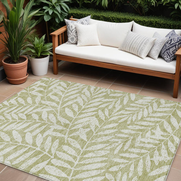 Homeroots 3' Artichoke Green And Ivory Floral Washable Area Rug For Indoor And Outdoor Spaces, Durable Design 9' X 12' Polyester 593472