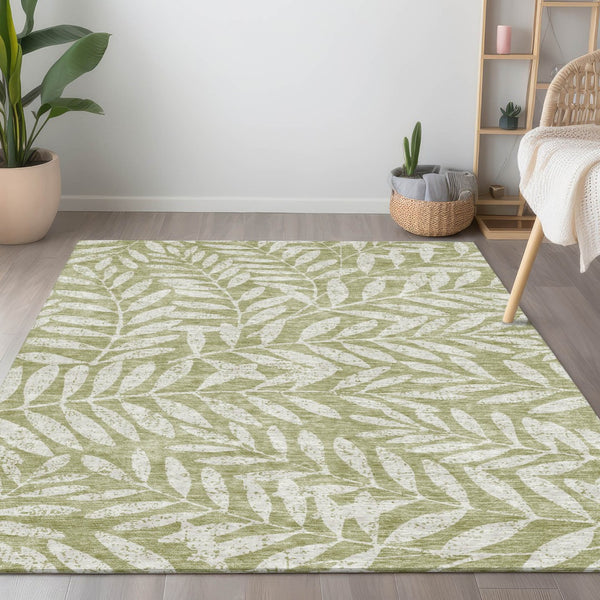 Homeroots 3' Artichoke Green And Ivory Floral Washable Area Rug For Indoor And Outdoor Spaces, Durable Design 9' X 12' Polyester 593472