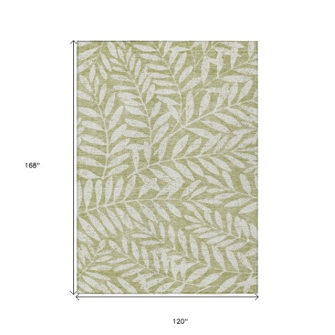 Homeroots 3' Artichoke Green And Ivory Floral Washable Area Rug For Indoor And Outdoor Spaces, Durable Design 10' X 14' Polyester 593473