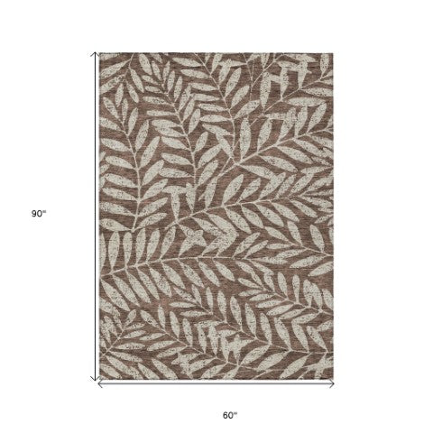 Homeroots 3' Artichoke Green And Ivory Floral Washable Area Rug For Indoor And Outdoor Spaces, Durable Design 5' X 8' Polyester 593487