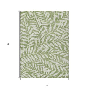 Homeroots 3' Artichoke Green And Ivory Floral Washable Area Rug For Indoor And Outdoor Spaces, Durable Design 3' X 5' Polyester 593492