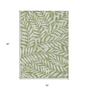 Homeroots 3' Artichoke Green And Ivory Floral Washable Area Rug For Indoor And Outdoor Spaces, Durable Design 5' X 8' Polyester 593493