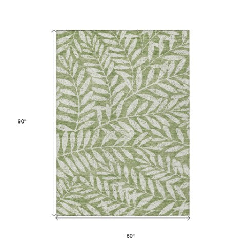 Homeroots 3' Artichoke Green And Ivory Floral Washable Area Rug For Indoor And Outdoor Spaces, Durable Design 5' X 8' Polyester 593493