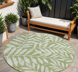 Homeroots 3' Artichoke Green And Ivory Floral Washable Area Rug For Indoor And Outdoor Spaces, Durable Design 8' Round Polyester 593494