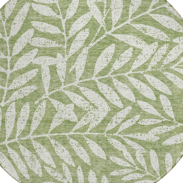 Homeroots 3' Artichoke Green And Ivory Floral Washable Area Rug For Indoor And Outdoor Spaces, Durable Design 8' Round Polyester 593494