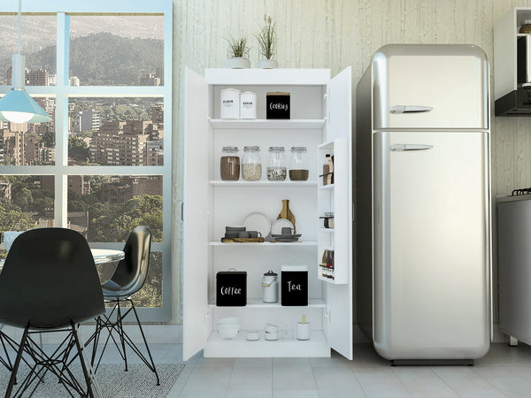 English Elm Albany,Double Pantry Cabinet White 63" High - Particle Board, Five Shelves for Kitchen Garage Storage B128S00131