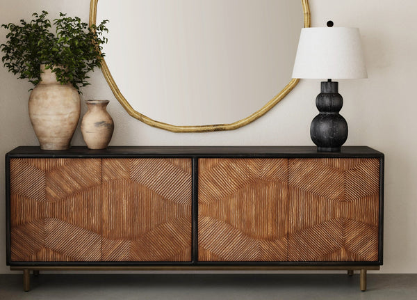 Basset Mirror Keir Server: Elegant Mango Wood Design With Adjustable Shelves & Geometric Patterned Doors Brown Wood 5935-dr-576