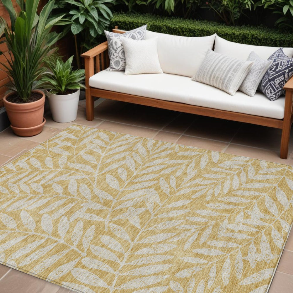 HomeRoots 9' Gold and Gray Floral Area Rug - Durable, Washable Design for Indoor and Outdoor Spaces, Practical Elegance 9' X 12' 593502