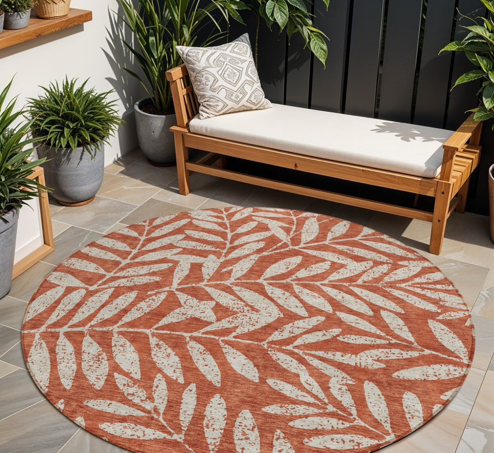 HomeRoots 5' Elegant Orange and Ivory Floral Area Rug - Durable, Washable, Perfect for Indoor and Outdoor Spaces 8' Round 593530