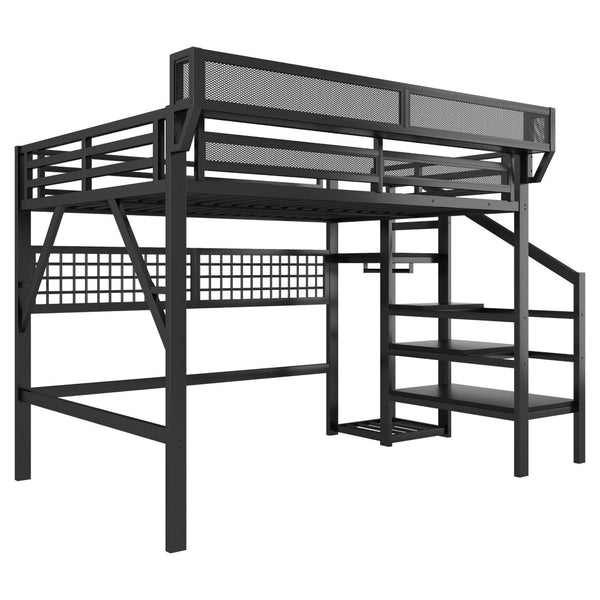 English Elm Queen Metal Loft Bed with Staircase Wardrobe Rgb Lighting Industrial Frame W2580S00067