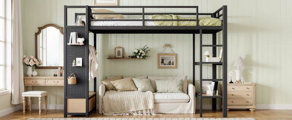 English Elm Full Size Pine Loft Bed House Frame with Slide Bookshelves and Moon Star Rails W1580S00590