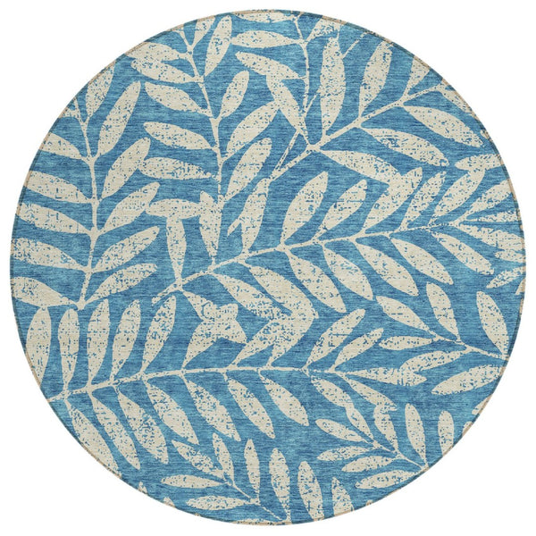 HomeRoots 5' Teal Blue and Ivory Floral Area Rug - Stylish, Durable, and Machine Washable for Indoor/Outdoor Use 8' Round 593548