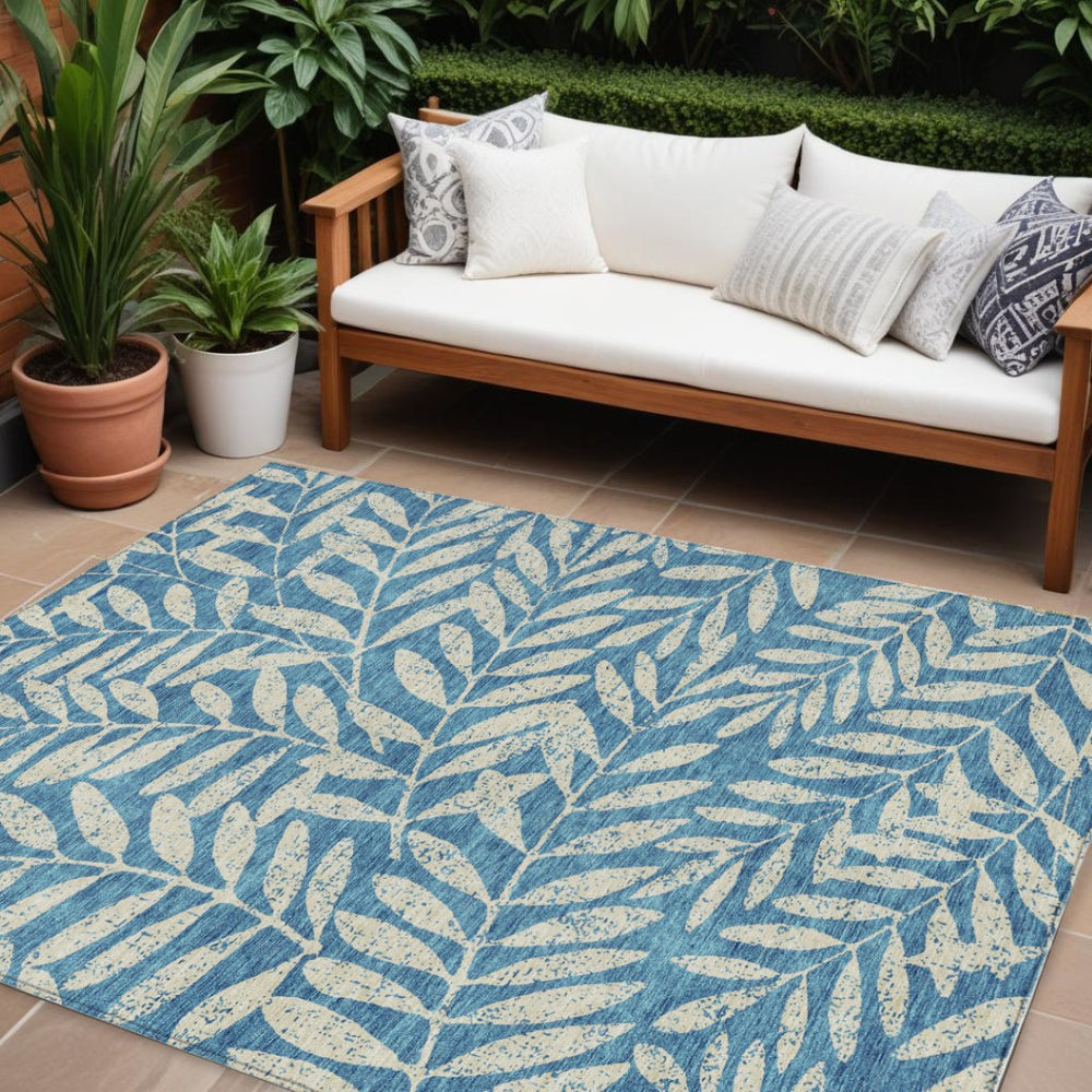 HomeRoots 9' Teal Blue and Ivory Floral Area Rug - Durable, Washable Design for Indoor and Outdoor Spaces 9' X 12' 593550
