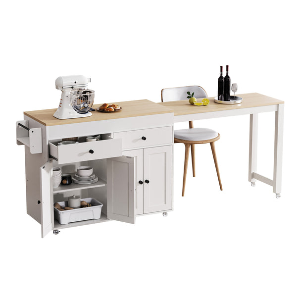 English Elm K&K 74.5" Kitchen Island with 27" Extendable Dining Table, 4-Door Storage, 2 Drawers, Rolling Cart Off White N707S000009W