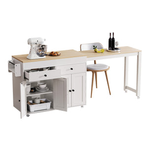 English Elm K&K 74.5" Kitchen Island with 27" Extendable Dining Table, 4 Doors, 2 Drawers, Spice Rack, Wheels Off White N707P333291W