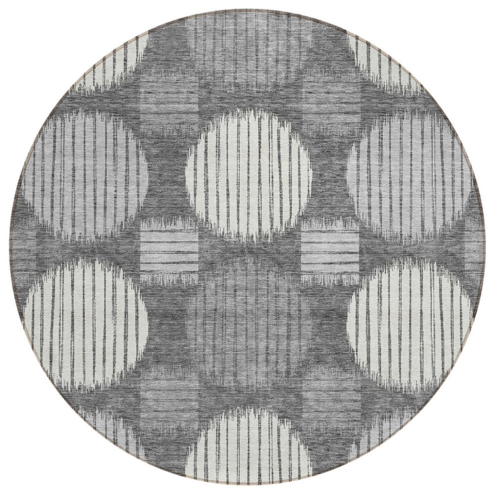 HomeRoots 5' Modern Charcoal and Ivory Geometric Washable Area Rug for Indoor and Outdoor Spaces, Durable Design 8' Round 593578